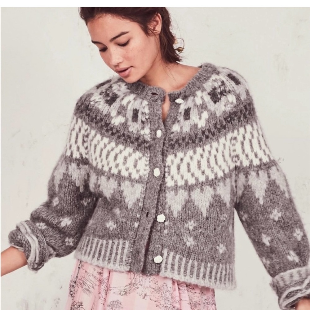 LoveShackFancy Gray and White Patterned Cardigan